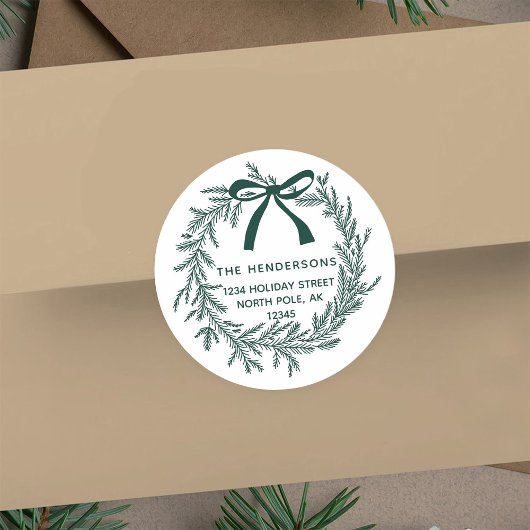 Rustic Green Christmas Pine Wreath Return Address  ラウンドシール