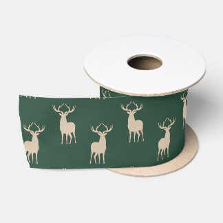 Rustic Green Christmas Reindeer Satin Ribbon サテンリボン