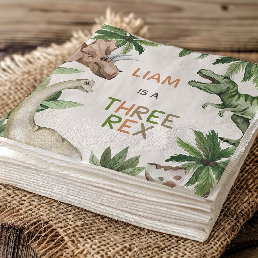 Rustic Green Dinosaur Three Rex 3rd Birthday  スタンダードカクテルナプキン