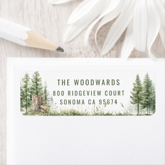 Rustic Green Forest Watercolor Trees  ラベル (インサイチュ)