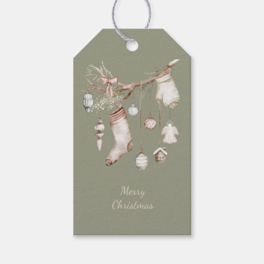 Rustic Green Gift Tag with Hanging Stockings ギフトタグ (正面)