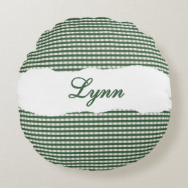 Rustic Green Gingham Personalized Name ラウンドクッション