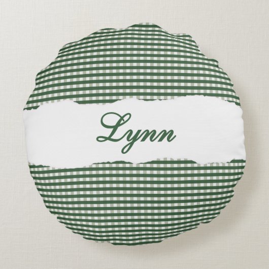 Rustic Green Gingham Personalized Name ラウンドクッション (裏面)