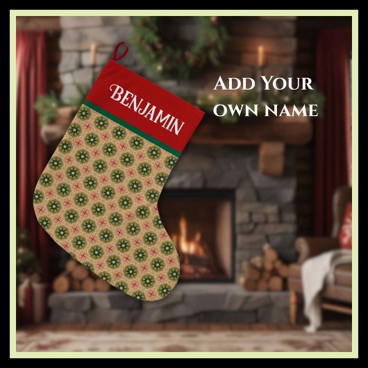 Rustic Green Pine Needles and Red Lace ラージクリスマスストッキング