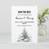 Rustic Green Pine Tree Snow Save The Date Outdoor 招待状 (スタンド正面)