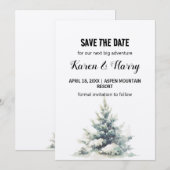 Rustic Green Pine Tree Snow Save The Date Outdoor 招待状 (正面/裏面)
