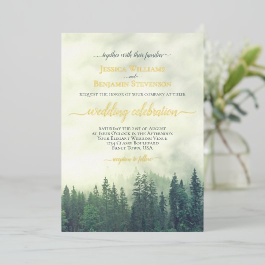 Rustic Green Pine Trees Elegant Wedding  箔招待状 (立ち正面)