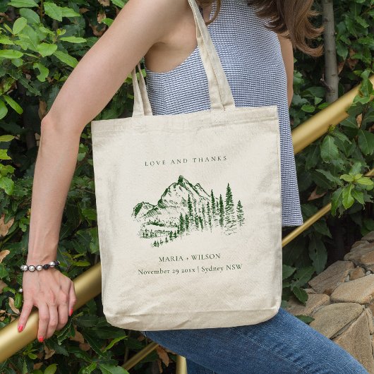 Rustic Green Pine Woods Mountain Sketch Wedding トートバッグ