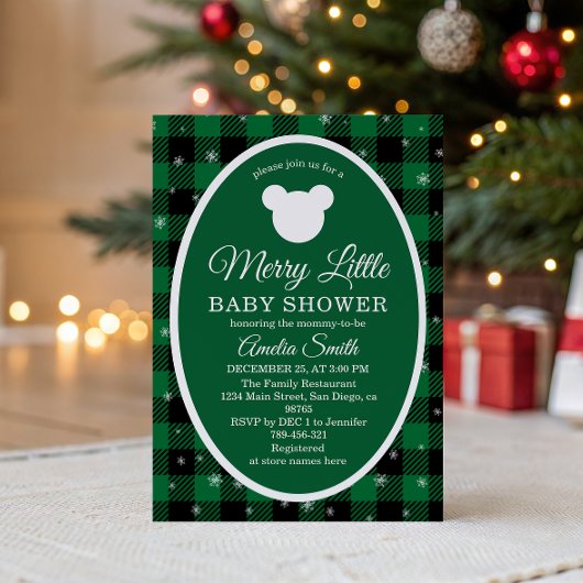 Rustic Green Plaid Christmas Baby Shower 招待状
