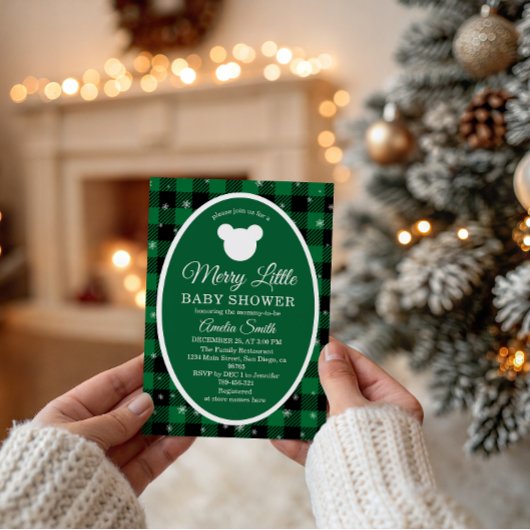 Rustic Green Plaid Christmas Baby Shower  招待状