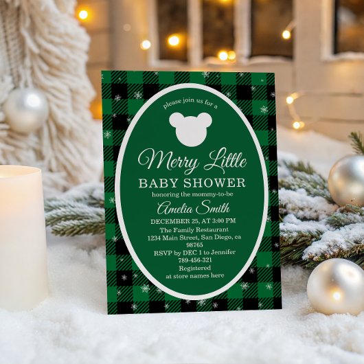 Rustic Green Plaid Christmas Baby Shower 招待状