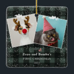 Rustic green plaid flannel mistletoe snow 2 photos セラミックオーナメント<br><div class="desc">Rustic Christmas country 2 pets photos with traditional green and black plaid flannel pattern and snow with a mistletoe. all the colors are editable</div>