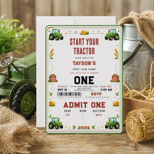 Rustic Green Tractor Farm 1st birthday  招待状