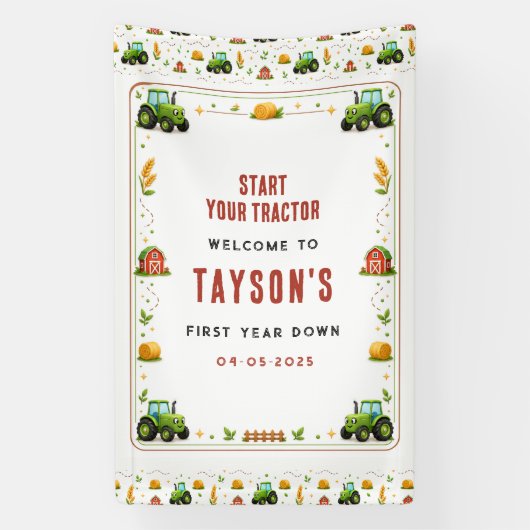 Rustic Green Tractor Farm First Year Down One 横断幕 (縦)