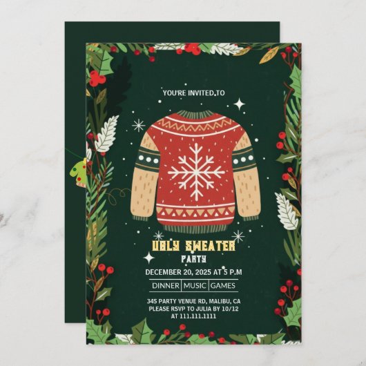Rustic Green Ugly Christmas Sweater Party 招待状 (正面/裏面)