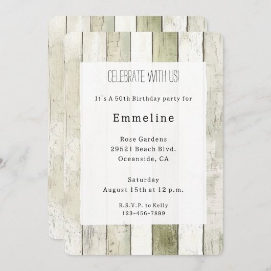 Rustic Green White Faux Wood Birthday 招待状 (正面/裏面)