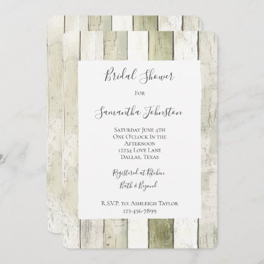 Rustic Green White Faux Wood Bridal Shower 招待状 (正面/裏面)