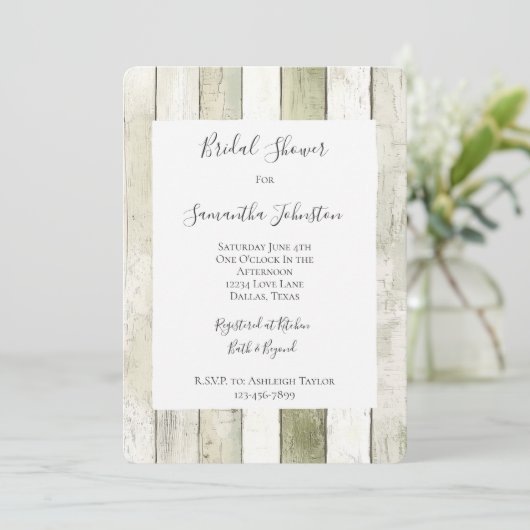 Rustic Green White Faux Wood Bridal Shower 招待状 (スタンド正面)