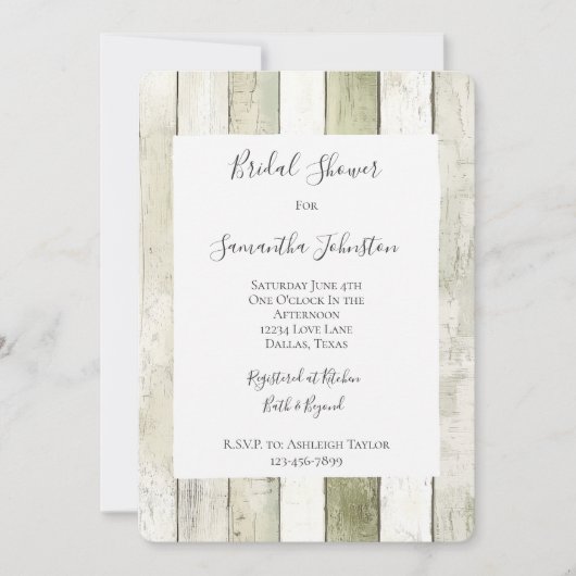 Rustic Green White Faux Wood Bridal Shower 招待状 (正面)
