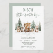 Rustic Green Woodland Adventure Begin Baby Shower 招待状 (正面/裏面)
