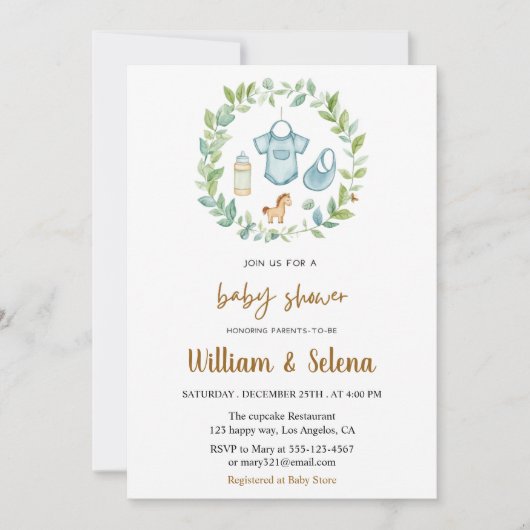 Rustic Greenery Baby Shower Invitation  招待状 (正面)