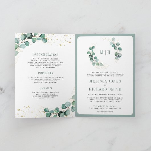 Rustic Greenery Gold Eucalyptus QR Code Wedding  招待状 (内部)