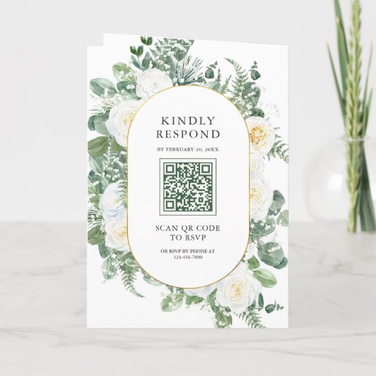 Rustic Greenery Ivory Floral Photo QR Code Wedding 招待状 (裏面)