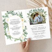 Rustic Greenery Ivory Floral Photo QR Code Wedding 招待状