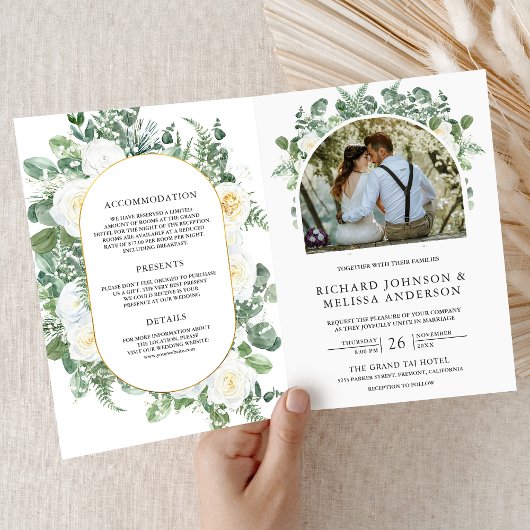 Rustic Greenery Ivory Floral Photo QR Code Wedding 招待状