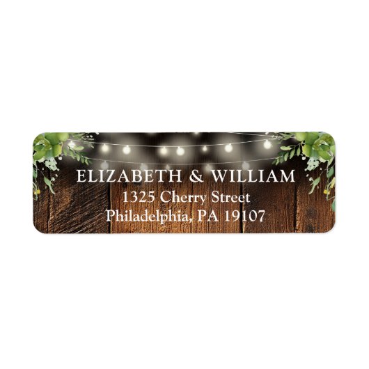 Rustic Greenery Lights Wedding Return Address ラベル (正面)
