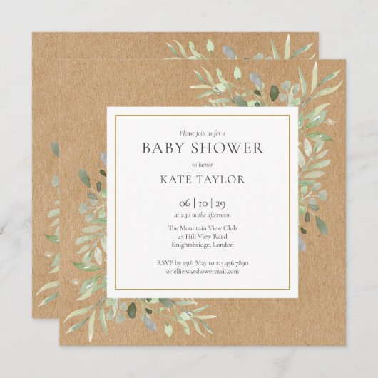 Rustic Greenery Neutral All One OnBaby Shower 招待状 (正面/裏面)