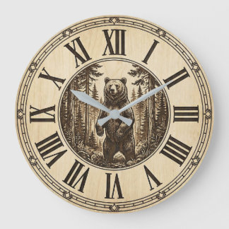 Rustic Grizzly Bear Wall Clock | Wood Style  ラージ壁時計