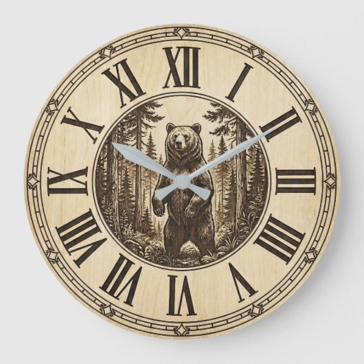 Rustic Grizzly Bear Wall Clock | Wood Style  ラージ壁時計 (正面)