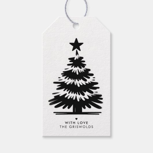 Rustic Grunge Black & White Merry Christmas Tree ギフトタグ (正面)