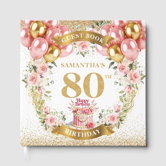 Rustic Guest Book 80th Birthday Boho Blush Floral ゲストブック (正面)