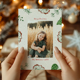 Rustic Hand-Drawn Mistletoe Pine Christmas Photo  シーズンカード