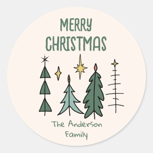 Rustic Hand Painted Green Abstract Christmas Trees ラウンドシール (正面)