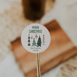 Rustic Hand Painted Green Abstract Christmas Trees ラウンドシール