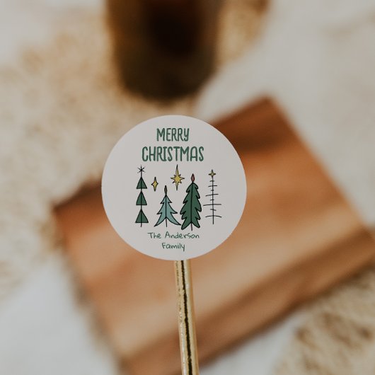 Rustic Hand Painted Green Abstract Christmas Trees ラウンドシール