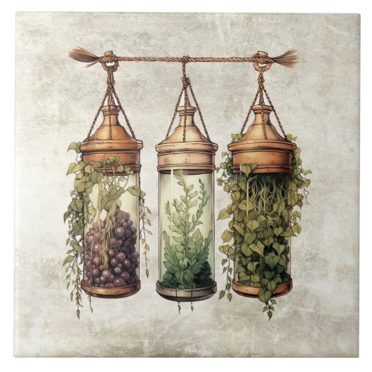 Rustic Hanging Herbs Grapes Watercolors タイル (正面)