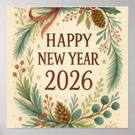 rustic happy new year wall poster ポスター