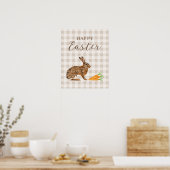 Rustic Hare And Carrots Happy Easter Beige Gingham ポスター (キッチン)