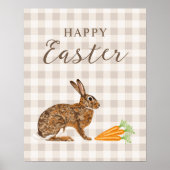 Rustic Hare And Carrots Happy Easter Beige Gingham ポスター (正面)