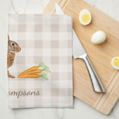 Rustic Hare And Carrots With Name Beige Gingham キッチンタオル (四つ折り)