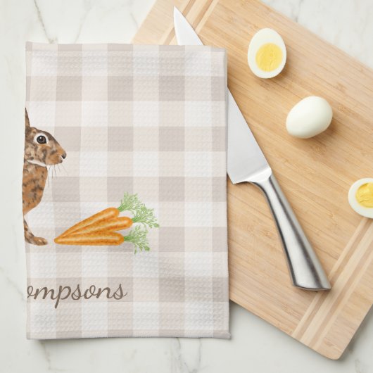 Rustic Hare And Carrots With Name Beige Gingham キッチンタオル (四つ折り)