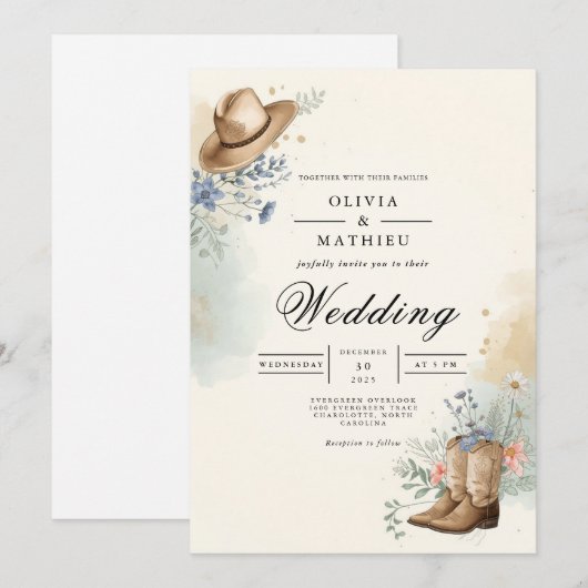 Rustic Hat Floral Romance Wedding 招待状 (正面/裏面)