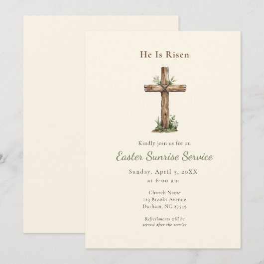 Rustic He is Risen Cross Easter Sunrise service 招待状 (正面/裏面)