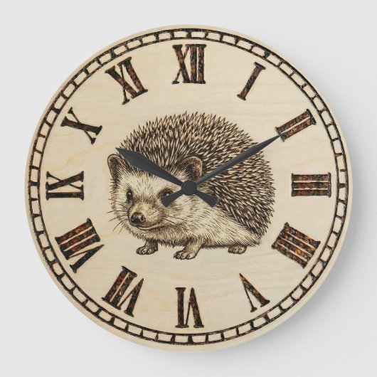 Rustic Hedgehog Wall Clock – Woodland Wooden Style ラージ壁時計 (正面)