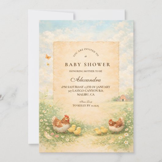 Rustic Hen and Chicks Baby Shower 招待状 (正面)