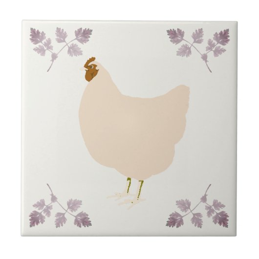 Rustic Hen Chicken and Chervil Herbs Ceramic Tile タイル (正面)